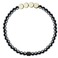 Detail shot of hematite beaded bracelet with golden discs and a striped cylindrical bead - 6mm Beads Gold