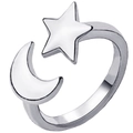 Polished silver star and moon adjustable open ring for women on a white background - Adjustable Open / Silver