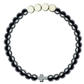 Bracciale in ematite con perle piatte dorate e un ciondolo a croce grigio scuro - 8mm Perle Croce Argento