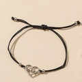 Adjustable woven black cord bracelet with heart pendant and heartbeat line engraving - Black