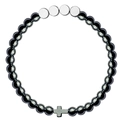 Hematite beaded date bracelet featuring silver discs and a central cross bead charm - 6mm Beads Cross Silver