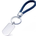 Llavero de cuero trenzado azul marino con placa rectangular de metal plateado para grabar - Placa de Identidad con Cuerda Trenzada