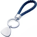 Llavero de cuero trenzado azul oscuro con placa redonda y colgante de metal plateado - Púa de Guitarra con Cuerda Trenzada