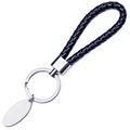 Porte-clés en cuir tressé noir avec plaque ovale en métal argenté vierge à graver - Étiquette Ovale avec Corde Tressée
