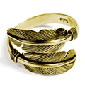 Adjustable golden feather open ring in S925 sterling silver with detailed textures - Adjustable Open / Antique Gold Feather