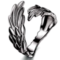 Anillo ajustable de plata vintage con diseño de ala y textura de plumas en estilo retro - Abierto Ajustable / Pluma Ala Plata Antigua