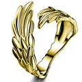 Anillo abierto ajustable de alas de ángel doradas con textura de plumas detallada - Abierto Ajustable / Pluma Ala Dorado