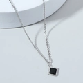 Hip hop style silver necklace featuring square black stone pendant with beaded metal edge - Square