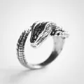 Retro crocodile open ring in vintage silver finish with detailed reptile scale texture - Adjustable Open / Silver