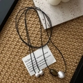 S925 silver long necklace with a natural brown stone and brushed silver metallic beads - Frosted Silver Ball Brown Bead Style (41TL23) / 925 Silver