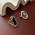 Elegant S925 sterling silver open ring set with minimalist black agate oval inlay - Adjustable Open / Oval Black Agate Wavy Style (JZC069)