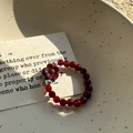 S925 silver red agate beaded ring with flower charm and metallic accents on ceramic plate - Red 3D Flower Style (40JZ12)