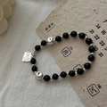 Pulsera de cuentas de plata S925 con ojo de tigre y colgante de corazón grabado - Negro (17SL42)