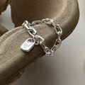 Minimalist S925 sterling silver chain ring with a square pendant on a textured base - 14# / Silver