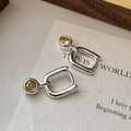 Elegant S925 sterling silver hoop earrings with round yellow gemstone and geometric charm - 925 Silver / Yellow