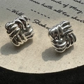 Elegant S925 sterling silver hollow knot stud earrings with polished metallic finish - Woven Knot Square Style (EHM031)