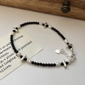Bracciale vintage in argento sterling S925 con perline nere e ciondolo a cuore - Stile Perline Nere e Perla Artificiale (19SL32)