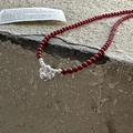 Retro S925 silver beaded necklace with red stones and floral cluster pendant on stone - 925 Silver / Red (49TL32)