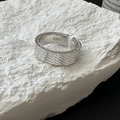 Minimalist S925 sterling silver honeycomb textured open ring with zircon on white rock - Adjustable Open / Honeycomb Crushed Ice Style (MFJ079-b-2)