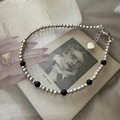 Pulsera retro de plata S925 con cuentas de ónice negro y dije de corazón personalizado - Cuentas de plata con ágata negra (21SL35) / Plata 925