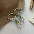 S925 Sterling silver beaded earrings with blue and green crystals on a neutral base - Three-Color Beaded Pendant Ear Buckle (43ES34) / 925 Silver