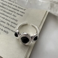 S925 Sterling Silver adjustable open ring with three round black agate stones - Adjustable Open / Retro Black Agate Style (JZB167)