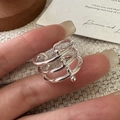 Minimalistische S925 sterling zilveren gelaagde ring met vier kleine parelaccenten - Verstelbaar Open / Meerlaags kralenontwerp (JZB158) / Zilver