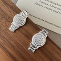 Elegant S925 silver watch-shaped earrings with micro-inlaid zircons on a wooden stand - Watch Style B (EHL086) / 925 Silver