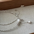Collana in argento sterling S925 con perle d'argento e perle naturali su sfondo di lino - Stile Nappina Argento Frammentato Design di Nicchia (51TL13) / Argento 925
