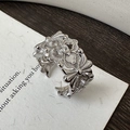 Anello iris in argento S925 con motivi floreali traforati e zircone incastonato - Aperto Regolabile / Stile Zircone Marquise Scavato Vintage (JZB170)