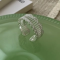 Anello in argento S925 con design a pizzo traforato su piatto di vetro verde - Aperto Regolabile / Stile Minimalista Vintage (JZG124)