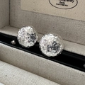 S925 sterling silver faceted disco ball stud earrings on a textured jewelry box display - Silver Fish Scale Round Style (EHI074) / 925 Silver