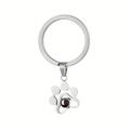Silver pet paw print keychain with I Love You projection stone in stainless steel - Silver