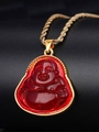 Close-up of a red laughing Buddha pendant with golden rope chain on black background - Red