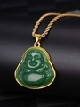 Macro detail of green jade Laughing Buddha pendant with polished gold-plated frame - Green