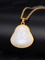 Macro shot of laughing Buddha pendant with white jade-like stone and gold finish - White
