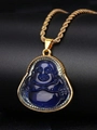 Macro shot of dark blue translucent Buddha pendant with a braided gold-plated chain - Blue