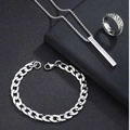 Poliertes Edelstahl Schmuckset mit Panzerarmband, Anhänger Halskette und geflochtenem Ring - Strukturierter Ring Set (Set 1)