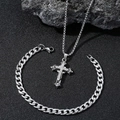 Set collana croce in acciaio inossidabile e bracciale cubano con diamanti incastonati - Collana E Bracciale / Bianco