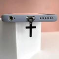 Minimalist black cross phone charm accessory with metallic finish on a phone case - Black (For iPhone)