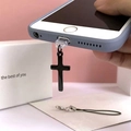 Black stainless steel cross phone dust plug charm with a woven lanyard attachment - Black (For Type-C)
