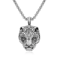 Heren hiphop tijgerkop hanger ketting in vintage zilverstaal met een grove ronde schakelketting - Zwart