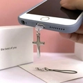 Polished silver stainless steel cross phone charm with black lanyard and transparent dust plug - Silver (For Type-C)
