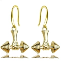 Golden hand holding dumbbell pendant earrings with polished hook for fitness lovers - Champagne Gold Color