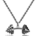 Macro view of a curved barbell fitness pendant in dark grey steel with solid O-chain - Gun Black