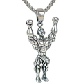 Detailansicht der Bodybuilder Fitness Halskette mit poliertem Edelstahl Anhänger - Bodybuilder Anhänger Mit Kette / Antiksilber