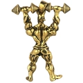 Macro detail of golden muscle man dumbbell pendant showing muscle lines and texture - Barbell Overhead Back View Style (KC033g) / Antique Gold