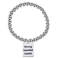 Silver stainless steel beaded bracelet with engraved Strong beautiful health metal tag - Silver (Strong beautiful health)