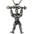 Vintage silver dumbbell lifter pendant necklace with muscle man design on box chain - Silver Barbell Lifting Muscle Man Style (NM023s)