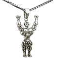 Silver bodybuilding necklace featuring a muscular athlete pendant with detailed metal lines - Bodybuilding Muscle Display Style - Silver (NM017s)